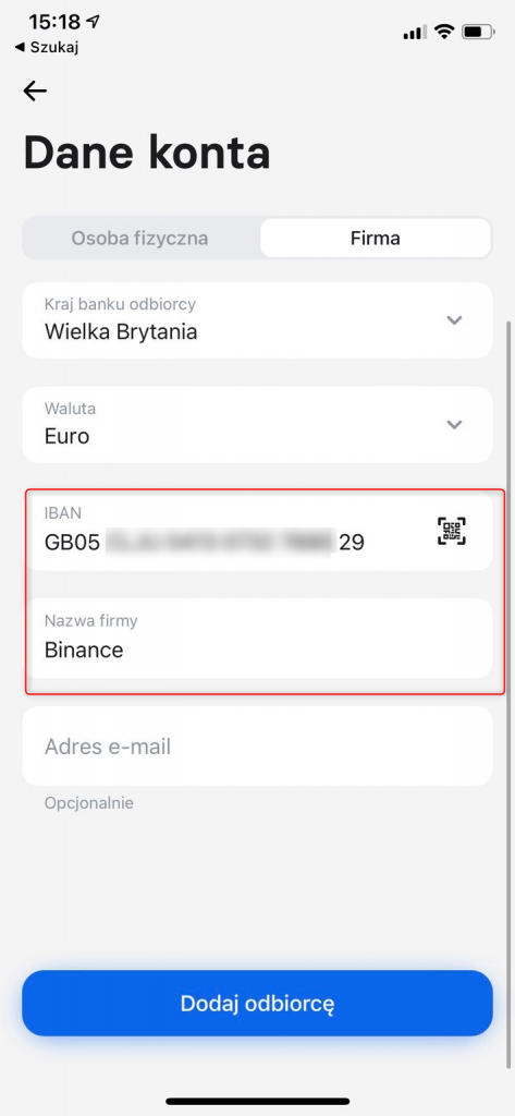 wprowadzenie konta bankowego aby przelać euro na Binance