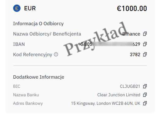 przykład jak powinny wyglądać dane na przesłanie euro na Binance