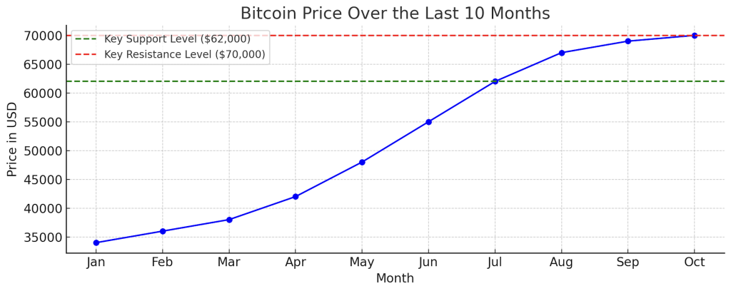 Wykres ceny bitcoina: Pokazuje ruch cen bitcoina w ciągu ostatnich 10 miesięcy, od 34 000 USD do prawie 70 000 USD. Zaznaczono ważne poziomy, takie jak wsparcie na poziomie 62 000 USD i opór na poziomie 70 000 USD.