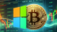 Logo Microsoftu obok symbolu Bitcoina, przedstawiające potencjalne zainteresowanie firmy Microsoft inwestycjami w Bitcoin za pośrednictwem ETF-ów.