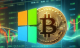 Logo Microsoftu obok symbolu Bitcoina, przedstawiające potencjalne zainteresowanie firmy Microsoft inwestycjami w Bitcoin za pośrednictwem ETF-ów.