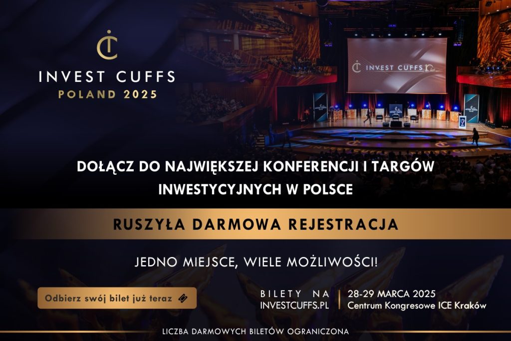 Wnętrze sali konferencyjnej ICE Kraków podczas Invest Cuffs. Widoczne rzędy krzeseł, scena z ekranem prezentacyjnym i logo Invest Cuffs 2025.