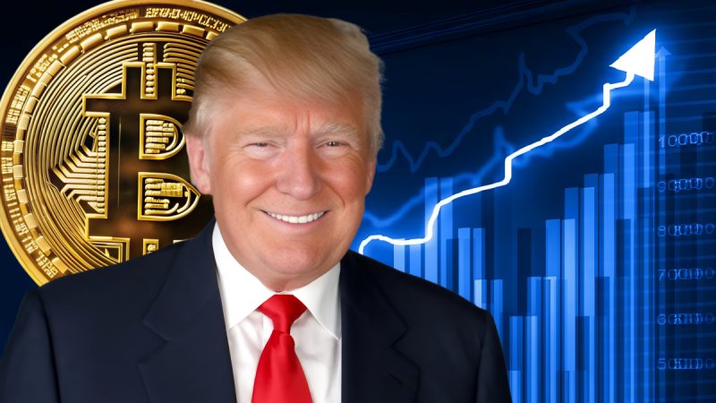 Donald Trump świętujący zwycięstwo, otoczony rosnącym wykresem giełdowym i symbolem Bitcoina, ilustrujący wpływ jego wygranej na rynki finansowe i kryptowaluty