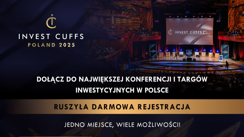 Sala konferencyjna ICE Kraków Congress Centre, miejsce Invest Cuffs 2025. Na grafice widoczna data wydarzenia: 28-29 marca 2025 roku.