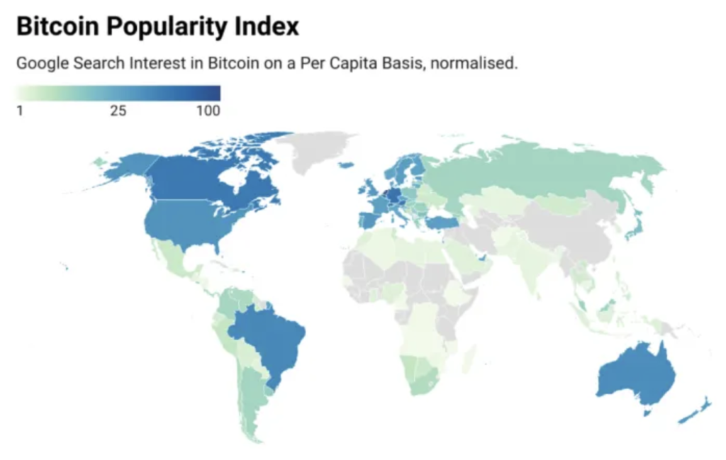 Grafika przedstawia popularnosc Bitcoina w danych krajach. Indeks popularności Bitcoina