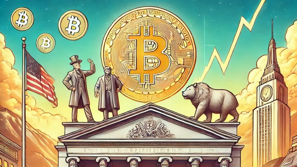 Ilustracja symbolizująca wzrost Bitcoina - złota moneta Bitcoin na tle turkusowo-pomarańczowego nieba, z symbolicznymi postaciami w stylu vintage stojącymi na klasycznym budynku giełdowym, flaga amerykańska, niedźwiedź i wieżowiec z zegarem. W tle widoczny wykres wzrostowy i mniejsze monety Bitcoin.