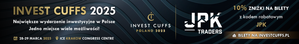 Baner reklamowy wydarzenia "Invest Cuffs 2025" - największego wydarzenia inwestycyjnego w Polsce. Na granatowym tle z eleganckimi złotymi elementami widnieje logo wydarzenia oraz informacje: data 28-29 marca 2025, miejsce ICE Kraków Congress Centre. Banner zawiera hasło "Jedno miejsce wiele możliwości!" oraz ofertę 10% zniżki na bilety z kodem rabatowym JPK od JPK Traders. W prawym dolnym rogu umieszczono przycisk kierujący do zakupu biletów na stronie investcuffs.pl. Całość utrzymana jest w profesjonalnej, luksusowej stylistyce z kontrastem ciemnego tła i złotych napisów.