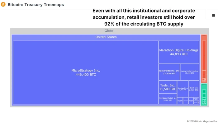 Mapa drzewa pokazująca posiadanie Bitcoinów przez amerykańskie korporacje, z dominującą pozycją MicroStrategy (446,400 BTC), przy czym inwestorzy detaliczni kontrolują ponad 92% podaży BTC w obiegu.