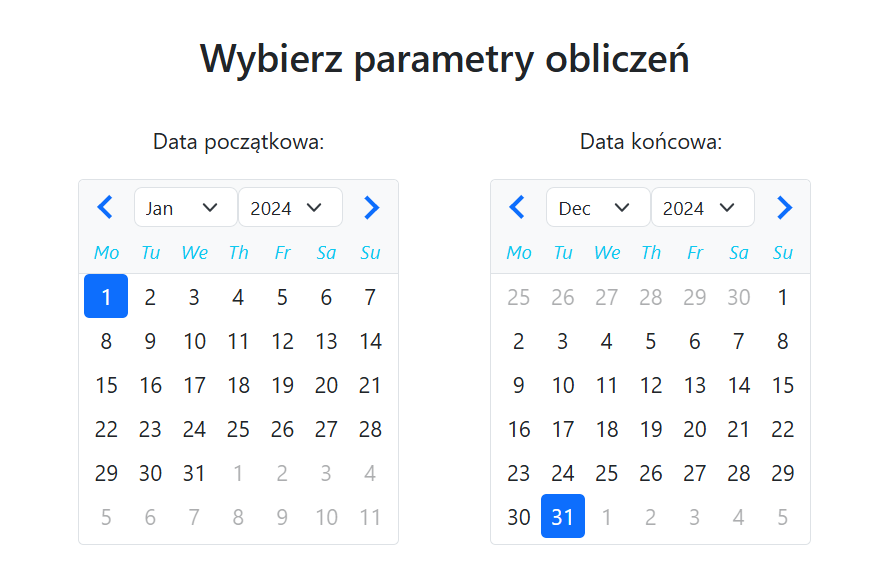 Parametry obliczeń - kalendarz z wyborem dat od stycznia do grudnia 2024 roku, z zaznaczonymi polami do wyboru daty początkowej i końcowej. Interfejs kalkulatora z przyciskami nawigacyjnymi.