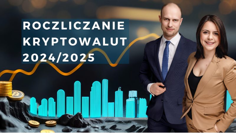 Profesjonalny baner przedstawiający tekst "ROZLICZANIE KRYPTOWALUT 2024/2025" na ciemnym tle. W tle widoczny jest wykres w kolorze pomarańczowym symbolizujący zmienność kursu oraz turkusowa panorama miasta. Na pierwszym planie znajdują się monety Bitcoin, a po prawej stronie dwoje profesjonalistów w strojach biznesowych.