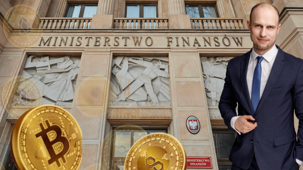 Fasada budynku Ministerstwa Finansów w Polsce z widocznym godłem państwowym, złotymi monetami symbolizującymi kryptowaluty (Bitcoin, Ethereum) oraz sylwetką elegancko ubranego mężczyzny.