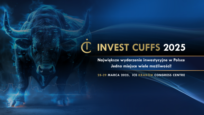 Baner reklamowy wydarzenia Invest Cuffs 2025 - największego wydarzenia inwestycyjnego w Polsce. Na ciemnym tle złotymi i białymi literami widnieje logo wydarzenia, logo JPK TRADERS oraz informacja o 10% zniżce na bilety z kodem rabatowym JPK. Na dole baneru umieszczono datę wydarzenia (28-29 marca 2025) oraz miejsce (ICE Kraków Congress Centre) oraz hasło 'Jedno miejsce wiele możliwości!