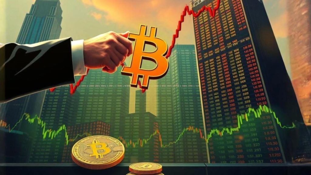 Symbol Bitcoina trzymany przez inwestora na tle wykresu cenowego i budynków giełdowych, symbolizujący stabilizację kryptowaluty na poziomie 80 000 USD.