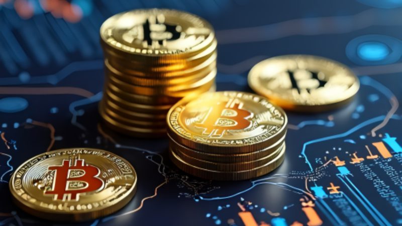 Stosy złotych monet z logo Bitcoina na tle wykresów finansowych i cyfrowych danych, symbolizujące analizę rynku oraz aktywność długoterminowych posiadaczy Bitcoina.