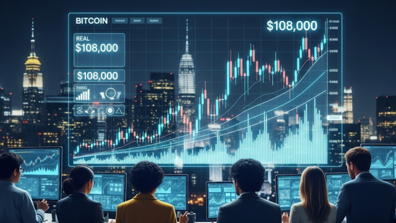 Wykres Bitcoina szybujący powyżej 108 000 USD na tle miejskiego krajobrazu nocą, z inwestorami obserwującymi ekrany wyświetlające dane makroekonomiczne.