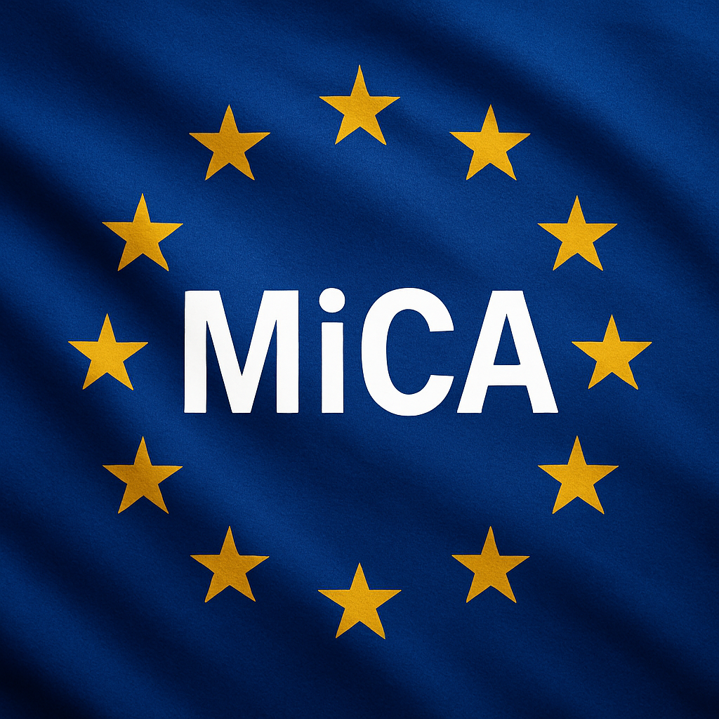 Flaga Unii Europejskiej z dwunastoma złotymi gwiazdami na granatowym tle, w centrum biały napis 'MiCA' symbolizujący unijne rozporządzenie dotyczące kryptoaktywów. zezwolenie MiCA
