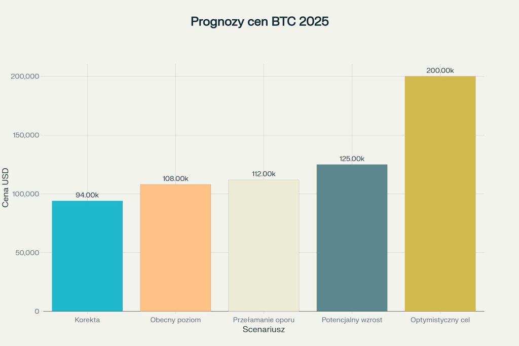 Wykres słupkowy pokazujący prognozy cenowe Bitcoina na 2025 rok według różnych scenariuszy.