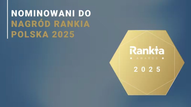 Nominowani do nagród Rankia Polska 2025 – złoty heksagon z logo Rankia Awards 2025 na niebieskim tle.