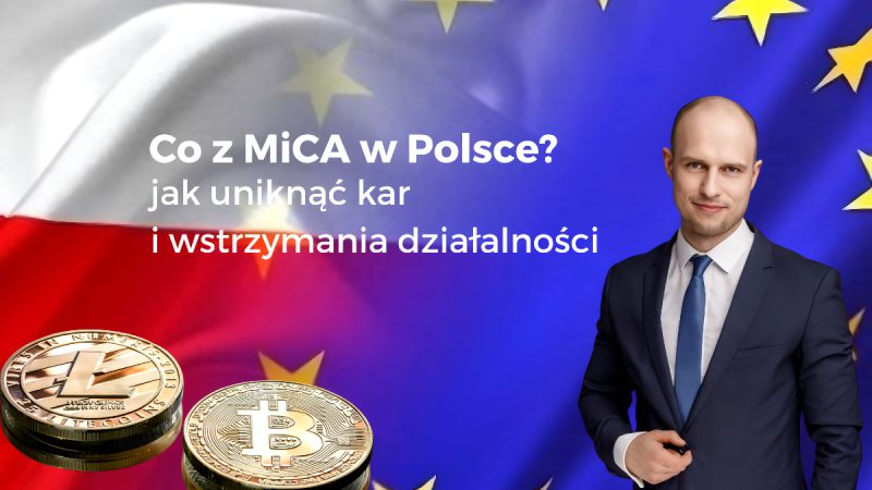 MiCA w Polsce – flaga UE i Polski, monety krypto oraz biznesmen sygnalizujący regulacje i ryzyko kar.