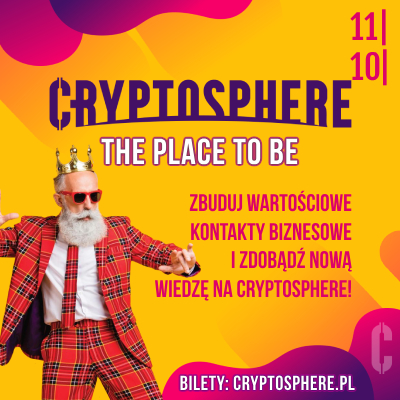 CryptoSphere – konferencja blockchain Wrocław 2025, 11.10, hasło The Place to Be, grafika z brodatym mężczyzną w czerwonym garniturze. Konferencja blockchain Wrocław 2025: CryptoSphere 6.0
