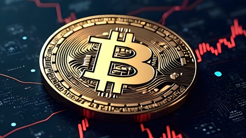 Złota moneta z symbolem Bitcoina na tle wykresu kryptowalutowego