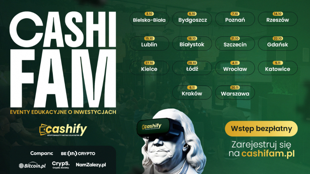 Plakat trasy CashiFAM: eventy edukacyjne o inwestycjach; wstęp bezpłatny; rejestracja na cashifam.pl; lista miast i dat