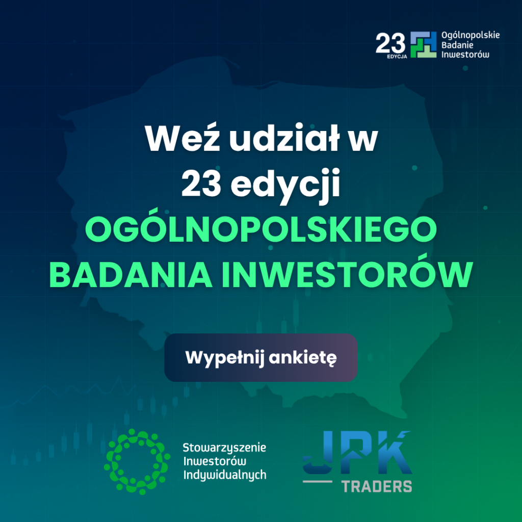 Weź udział w 23. edycji Ogólnopolskiego Badania Inwestorów – mapa Polski w tle, przycisk „Wypełnij ankietę”, logotypy SII i JPK Traders.