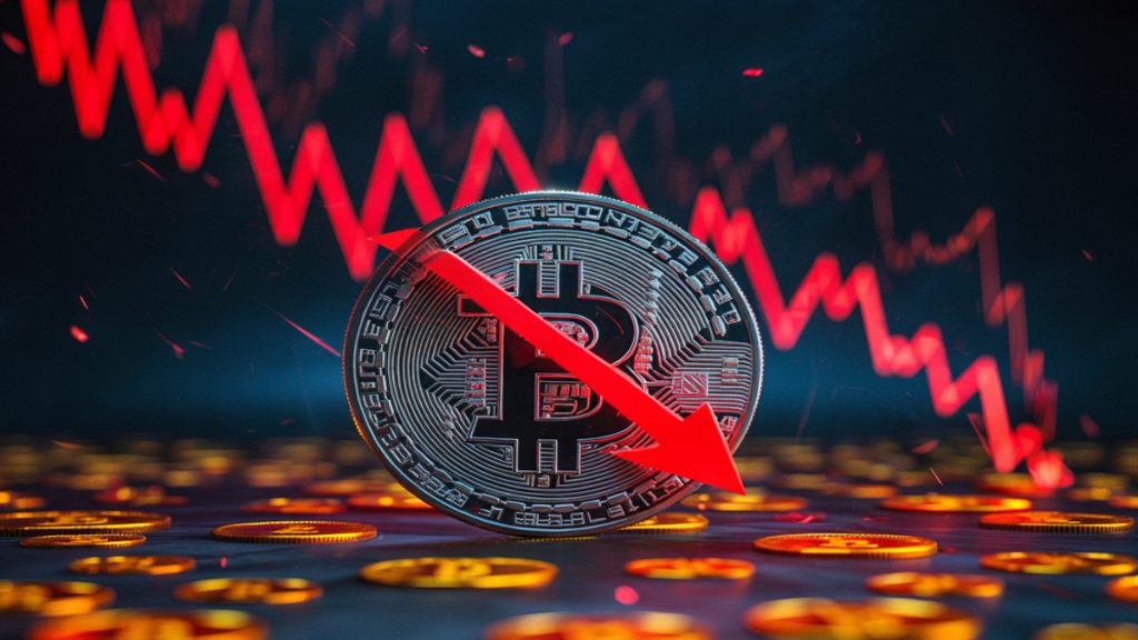 Bitcoin z czerwoną strzałką w dół na tle wykresu spadków — symbol krachu i taniejącego rynku kryptowalut w październiku 2025.