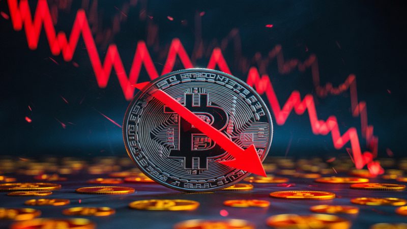 Bitcoin z czerwoną strzałką w dół na tle wykresu spadków — symbol krachu i taniejącego rynku kryptowalut w październiku 2025.