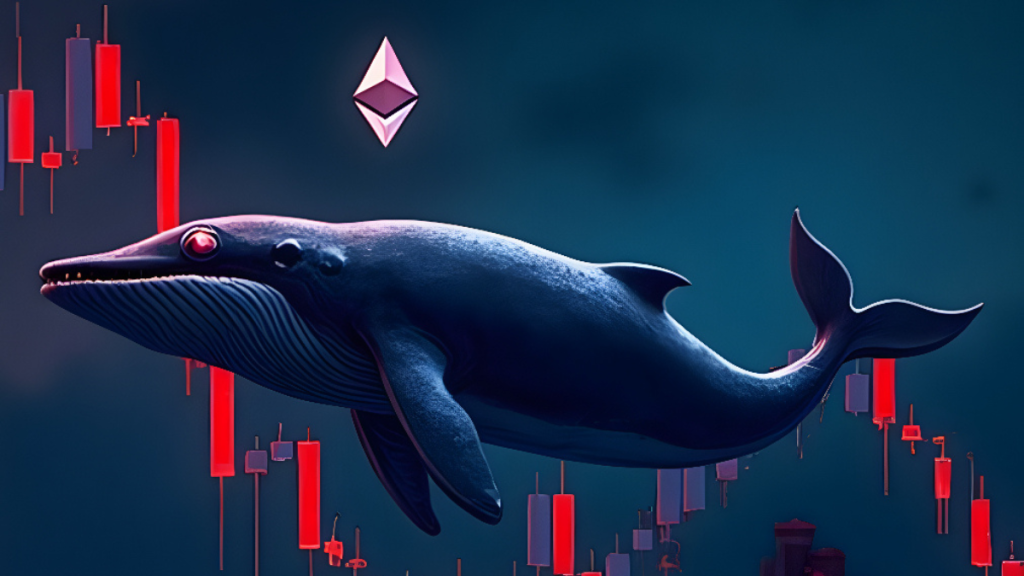 Niebieski wieloryb na tle czerwonych świec giełdowych z logo Ethereum, symbolizujący zakupy „whales” podczas rynkowego krachu.