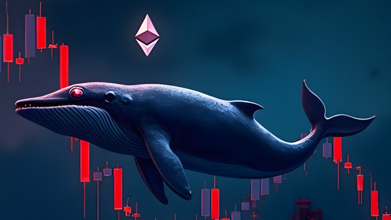 Niebieski wieloryb na tle czerwonych świec giełdowych z logo Ethereum, symbolizujący zakupy „whales” podczas rynkowego krachu.