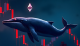 Niebieski wieloryb na tle czerwonych świec giełdowych z logo Ethereum, symbolizujący zakupy „whales” podczas rynkowego krachu.
