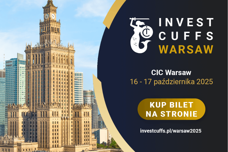 Grafika promująca Invest Cuffs Warsaw 2025 z Pałacem Kultury i Nauki w tle oraz informacją: CIC Warsaw, 16–17 października 2025.