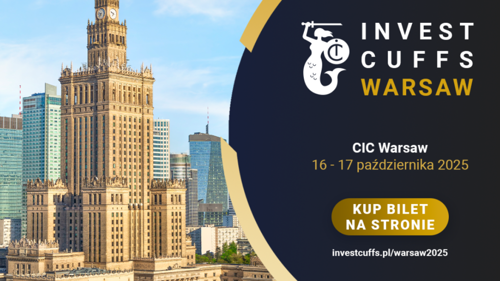 Baner Invest Cuffs Warsaw 2025 z Pałacem Kultury i Nauki; 16–17 października 2025, CIC Warsaw; przycisk „Kup bilet na stronie”; adres investcuffs.pl/warsaw2025