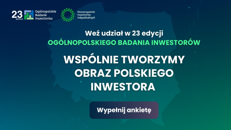 Weź udział w 23. edycji Ogólnopolskiego Badania Inwestorów – baner z mapą Polski, hasłem „Wspólnie tworzymy obraz polskiego inwestora” i przyciskiem „Wypełnij ankietę”