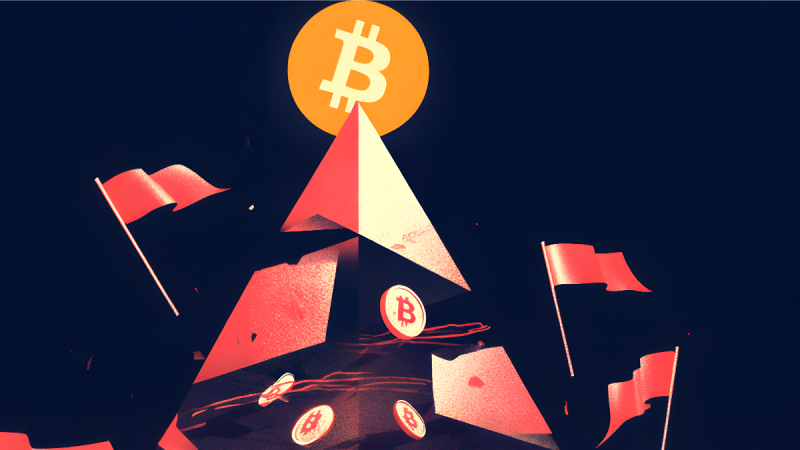 Ilustracja piramidy finansowej z symbolem bitcoina na szczycie, otoczonej czerwonymi flagami ostrzegawczymi, symbolizująca ryzykowne projekty inwestycyjne typu Capitalrace Global.