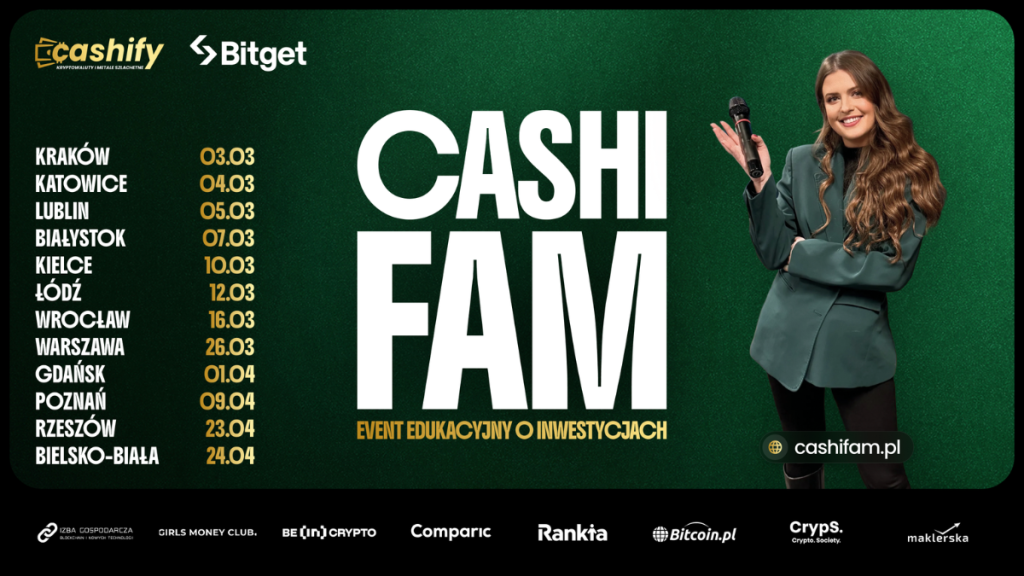 Grafika promująca event edukacyjny Cashifam o inwestycjach z listą 12 miast i terminów wiosennej trasy 2026 oraz logotypami partnerów i patronów.